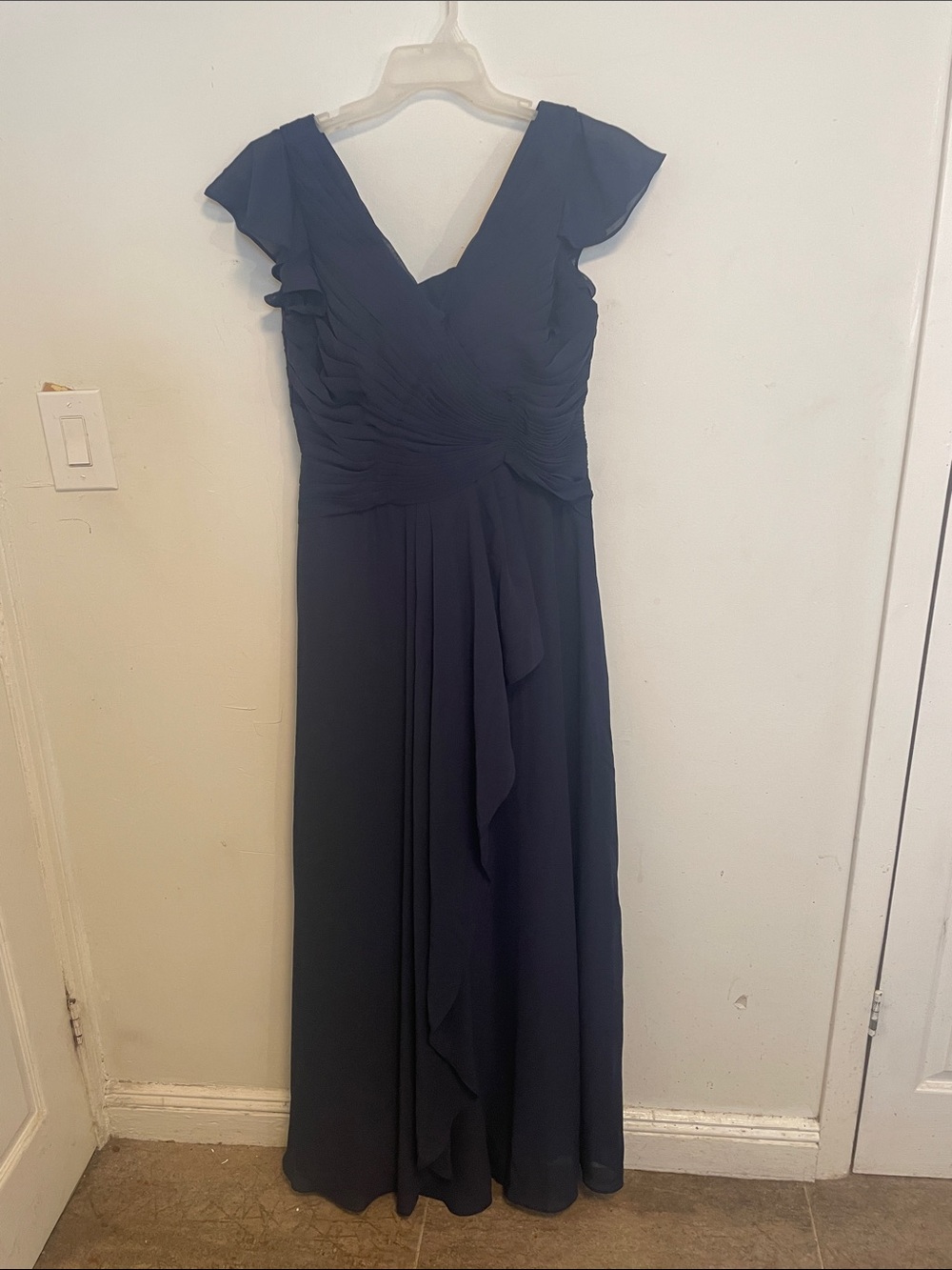 Flutter Sleeve V-Neck Long Evening Dress - Navy
